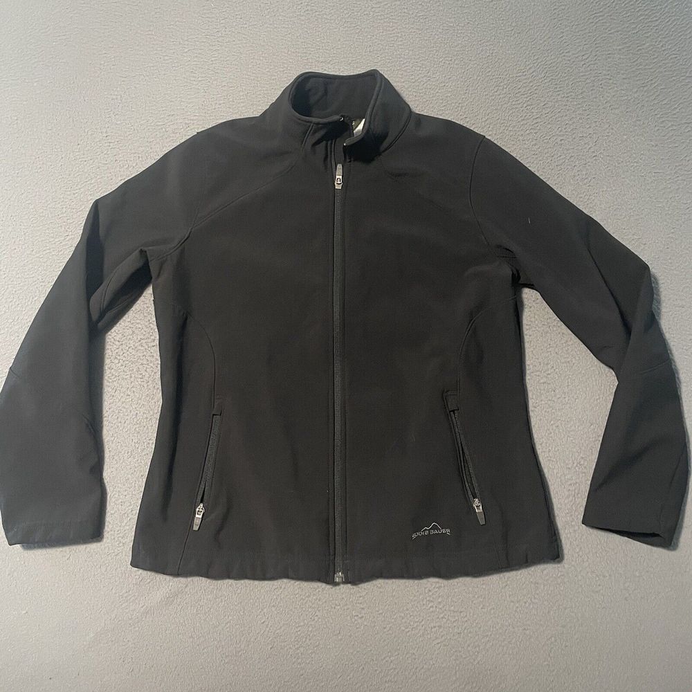 Eddie Bauer Jacket Womens Medium Black  Softshell Full‎ Zip Waffle Knit Lined